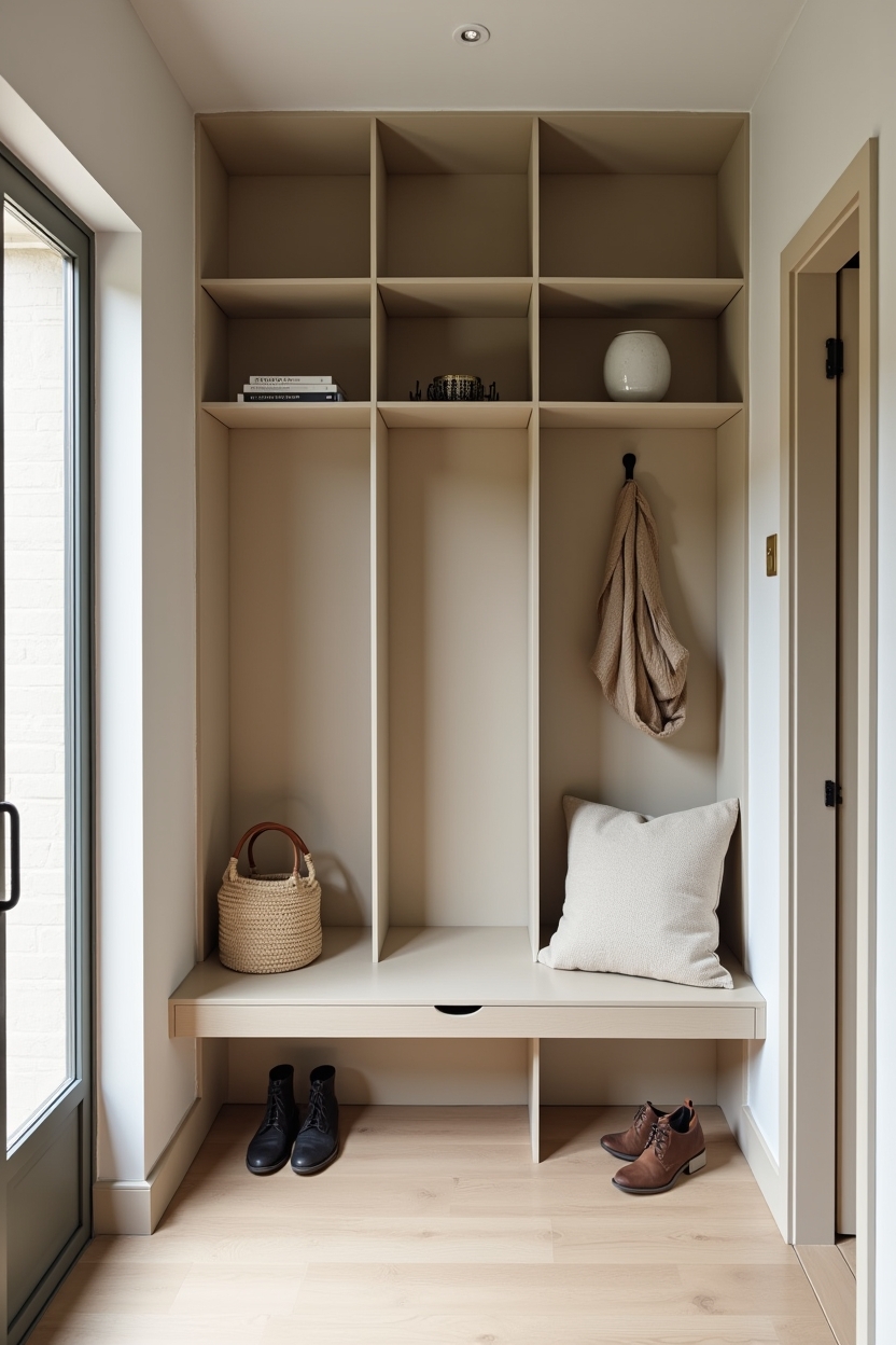 built in small entryway ideas — lacquered cubby wall featuring floor-to-ceiling lacquered cubby wall in a single bold color