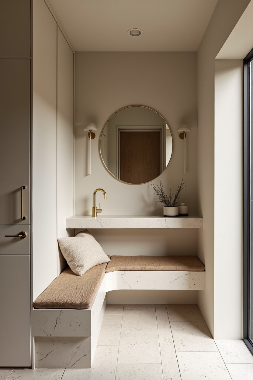 built in small entryway ideas — terrazzo bench featuring matte terrazzo slim built-in bench with lift-up seat