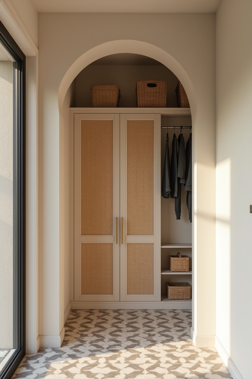 built in small entryway ideas — arched cane-door cabinet featuring full-height arched built-in cabinet with woven cane doors