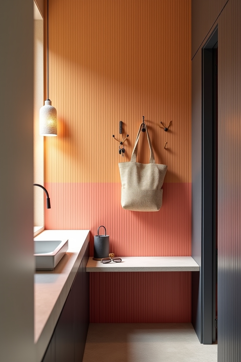 bright summer entryway coat wall ideas — pegboard featuring sunset ombré pegboard