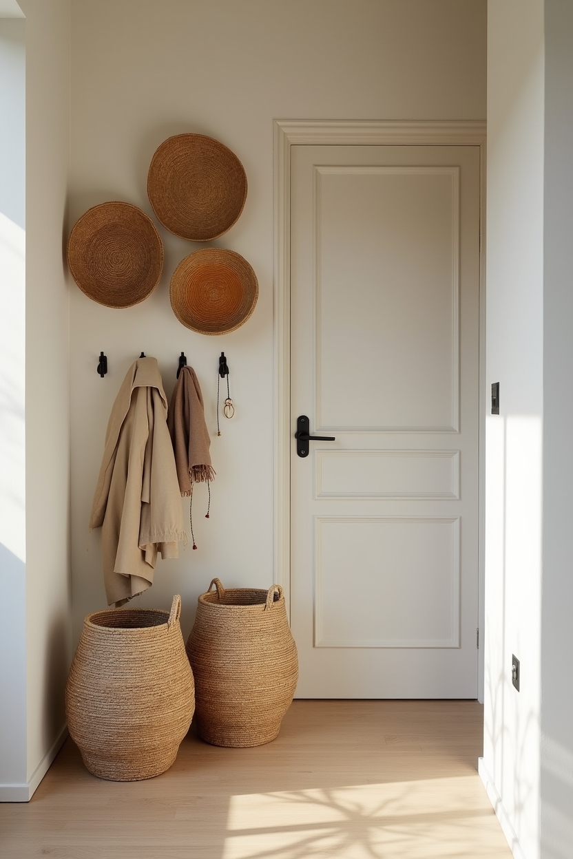 bright summer entryway coat wall ideas — oversized woven wall baskets featuring oversized woven basket cluster
