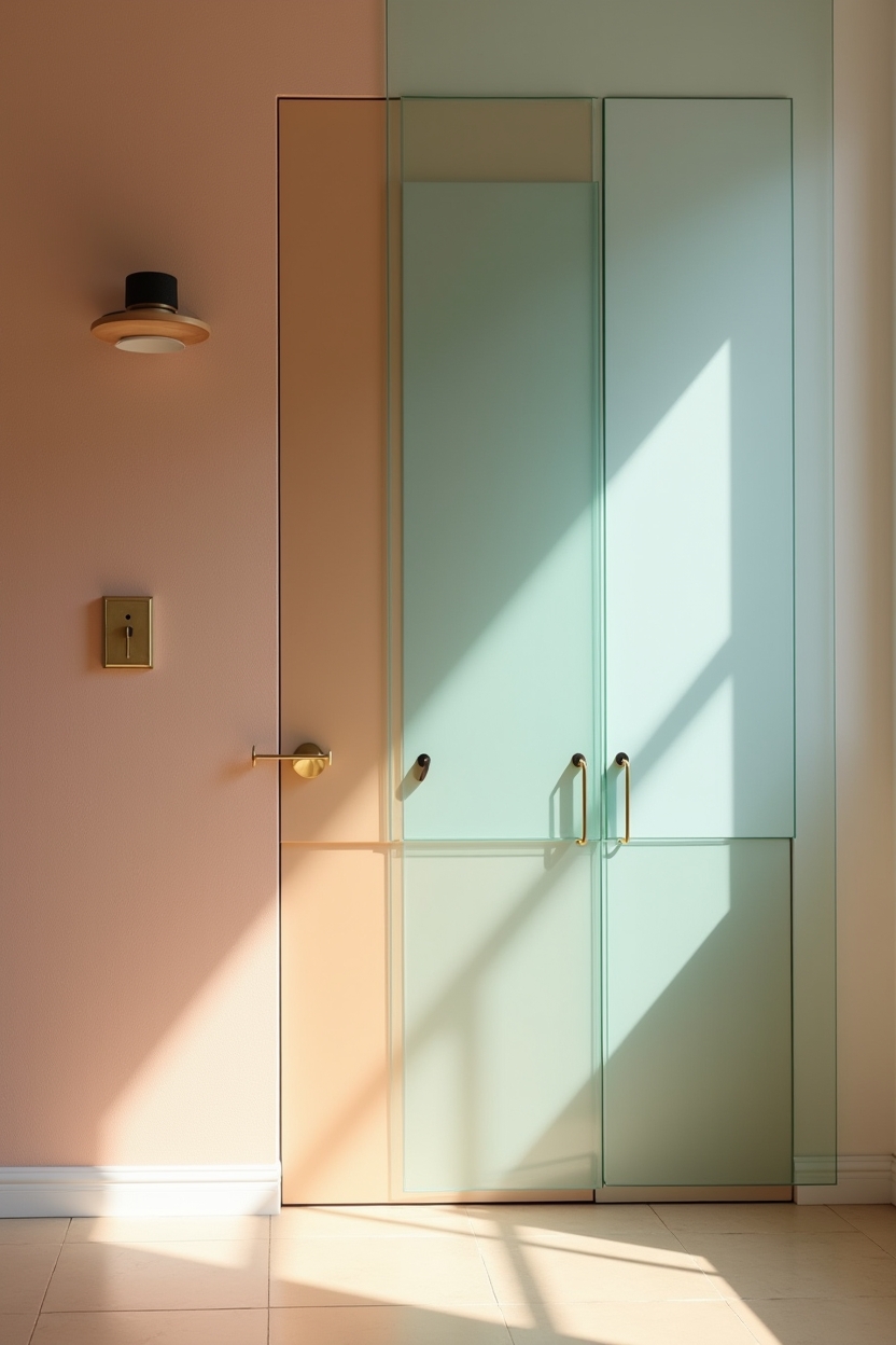 bright summer entryway coat wall ideas — acrylic panels featuring overlapping translucent acrylic color-block panels