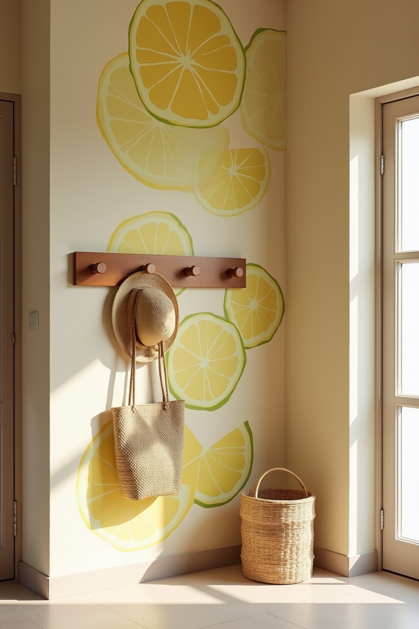 bright summer entryway coat wall ideas — rattan pegs featuring graphic citrus mural