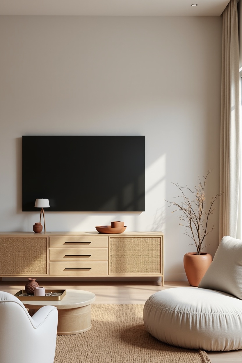 cerused oak media console with woven rattan fronts home decor