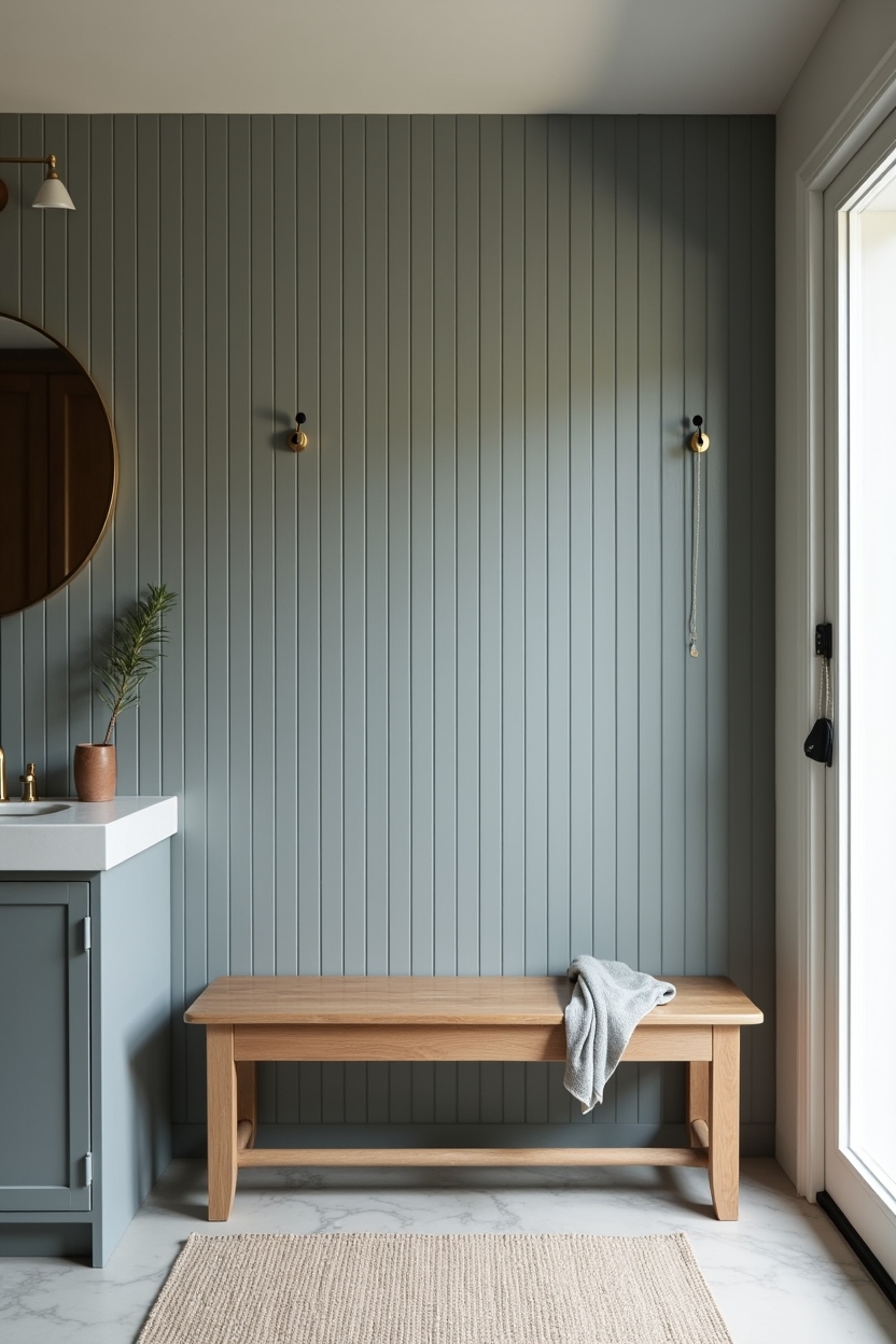 dusty blue narrow entryway ideas — slim oak bench featuring vertical matte subway tiles