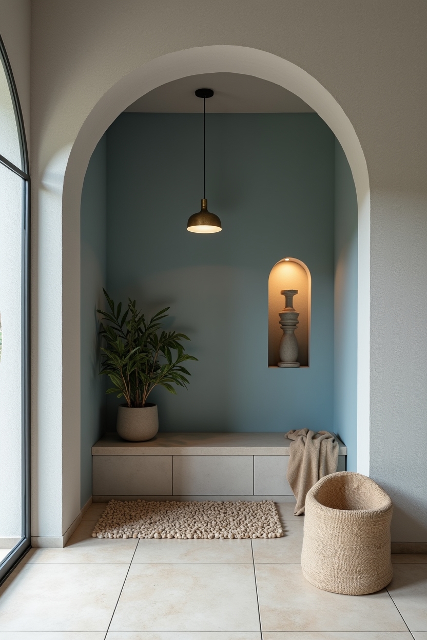 dusty blue narrow entryway ideas — backlit niche with sculptural object featuring dusty blue painted archway