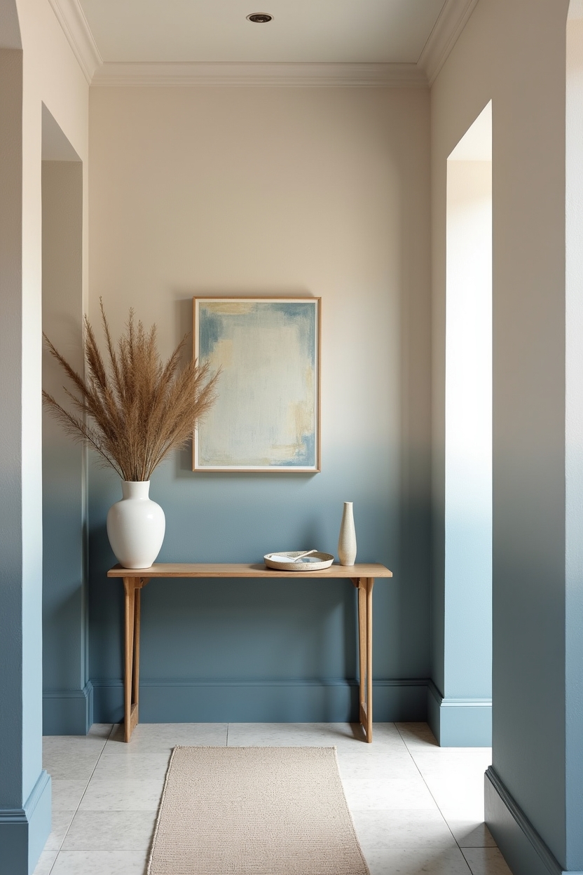 dusty blue narrow entryway ideas — narrow graphic runner featuring ombre painted wall