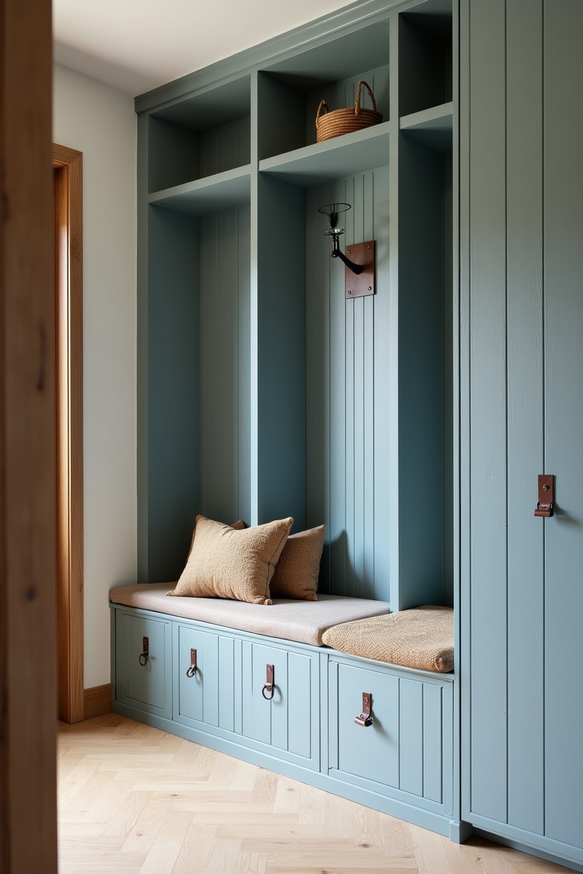 dusty blue narrow entryway ideas — slatted wall panel with leather strap pulls featuring slatted wall with hidden cubbies