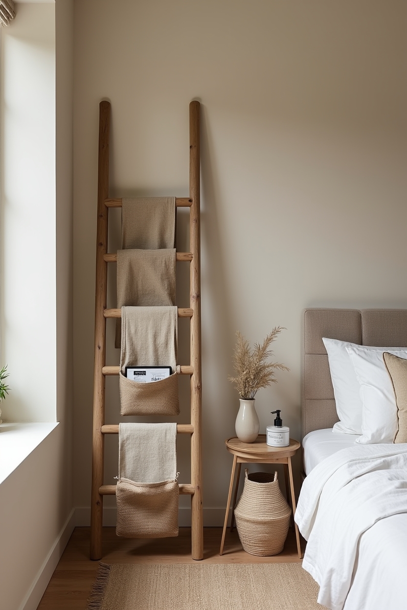statement leaning ladder with woven pocket pouches home decor
