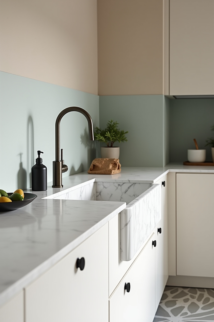 deep fluted Carrara marble sink with graphite brass taps home decor