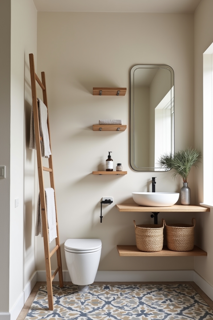 olive-wood ladder towel rack and floating shelves home decor