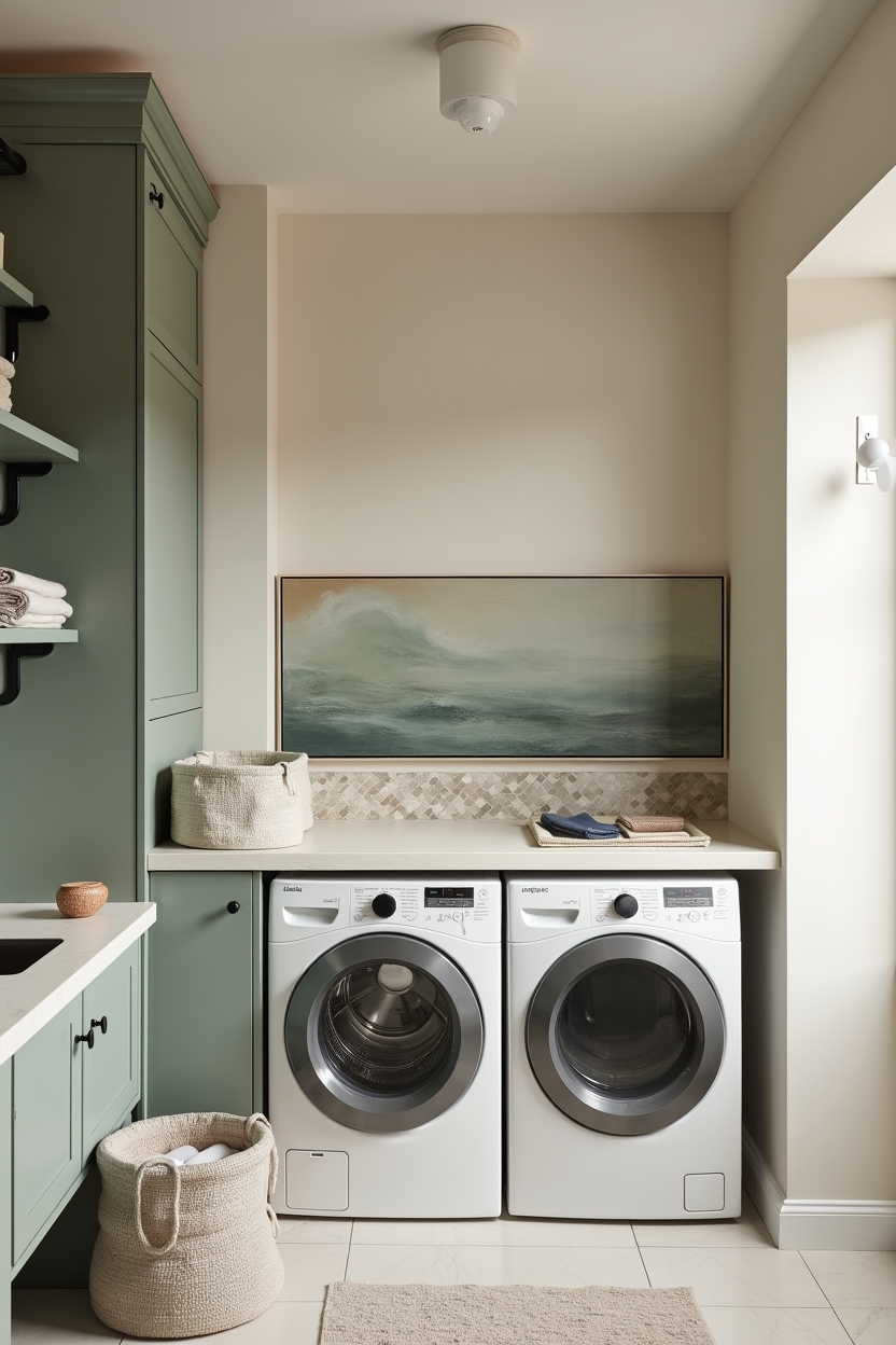 ceramic laundry room wall decor — folding counter beneath panel featuring hand-glazed ceramic wall panel