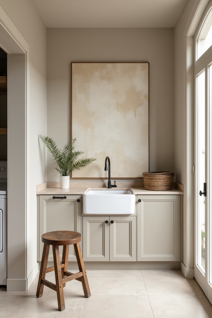 ceramic laundry room wall decor — farmhouse sink anchored below the tile featuring oversized hand-painted ceramic art tile