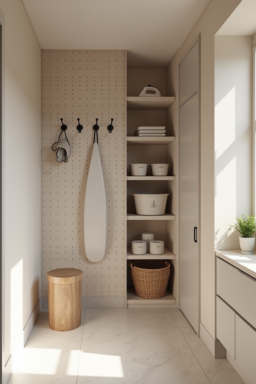ceramic laundry room wall decor — vertical pegboard field with baskets and hooks featuring ceramic pegboard storage wall