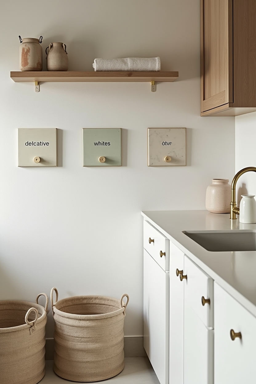 ceramic laundry room wall decor — neat row of labeled hooks above sorting station featuring sculptural ceramic hooks and pegs