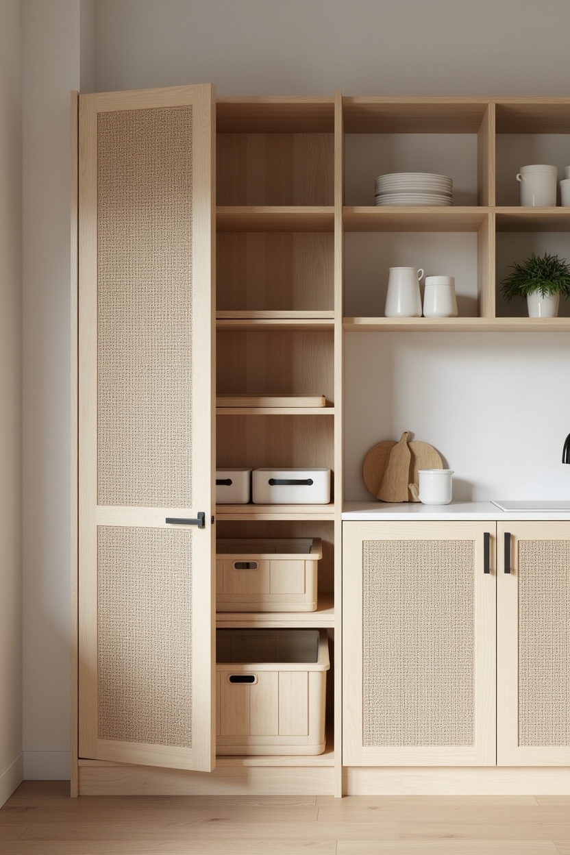 full-height slim pantry with woven cane fronts home decor