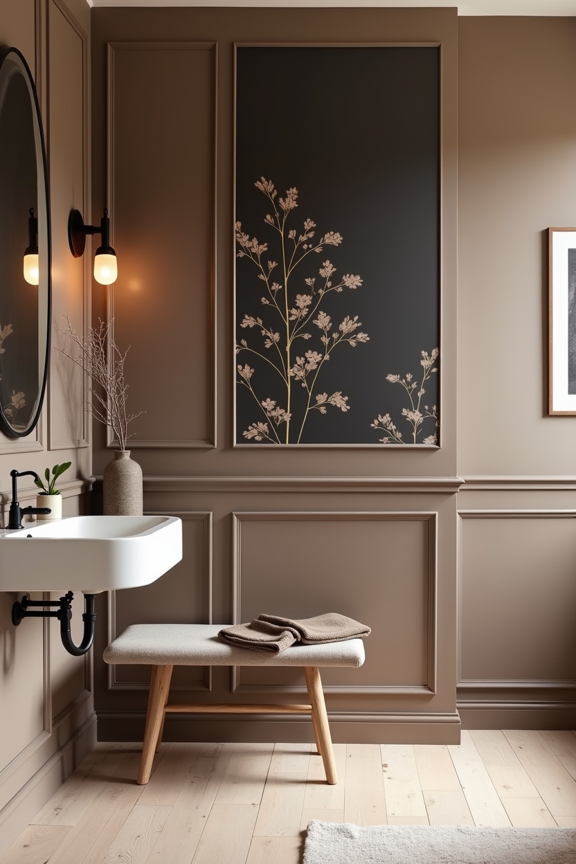 mocha wainscoting with moody botanical wallpaper home decor