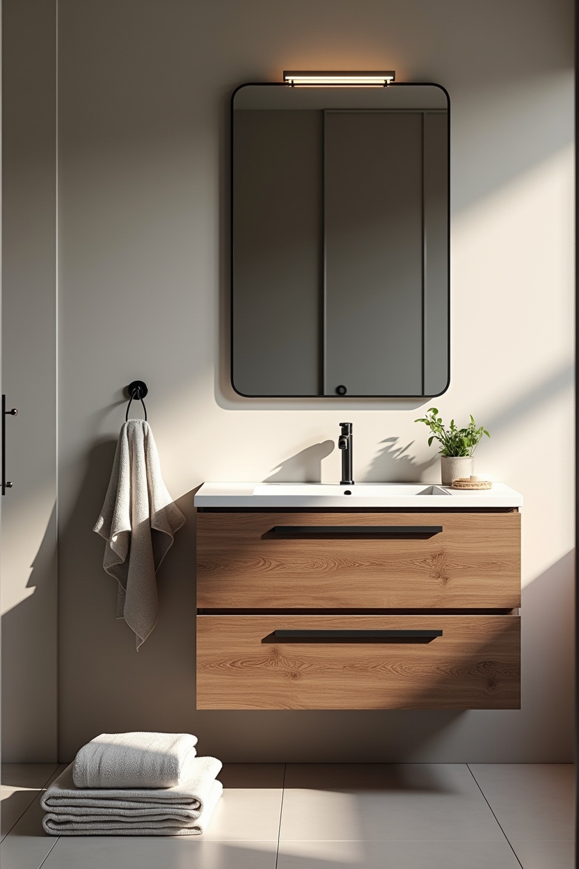 walnut slab vanity with matte-black trim home decor
