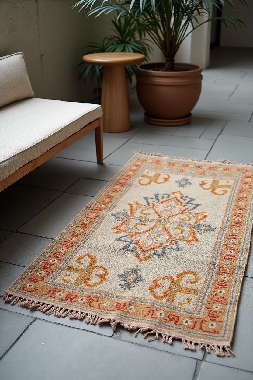 vintage Anatolian runner layered on honed bluestone home decor