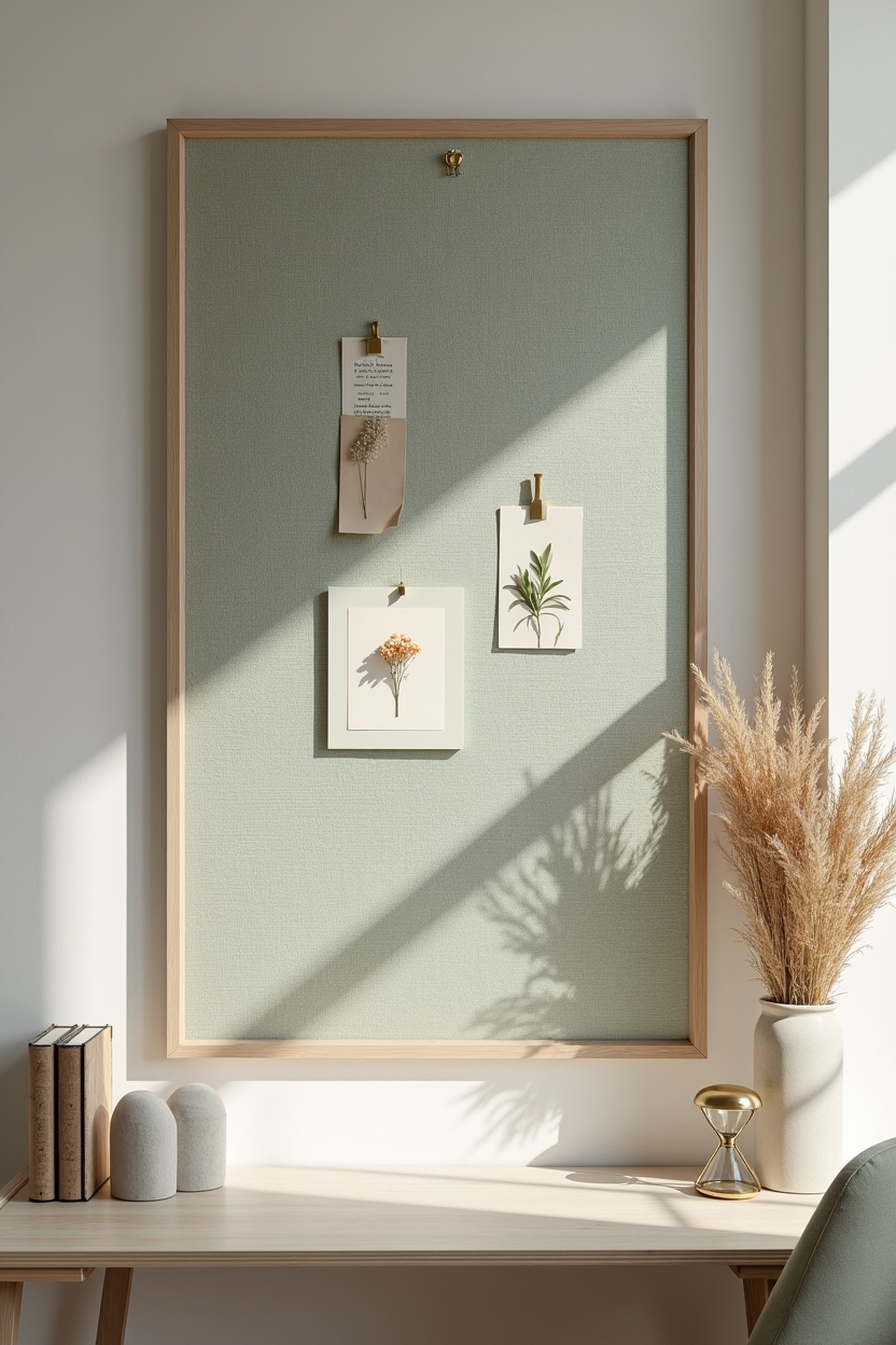 sage green creative studio decor — linen pinboard featuring linen-covered pinboard storytelling wall