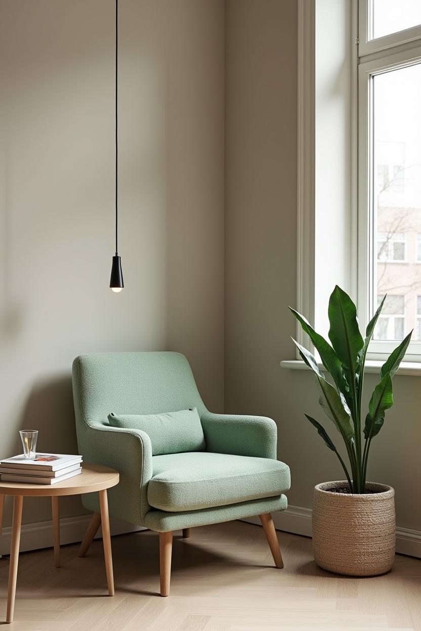 sage green creative studio decor — boucle slipper chair featuring micro reading nook with sage-green boucle slipper chair
