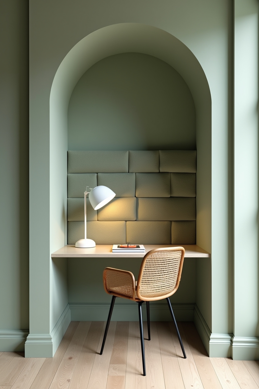 sage green creative studio decor — curved alcove opening featuring curved sage-green workstation alcove opening