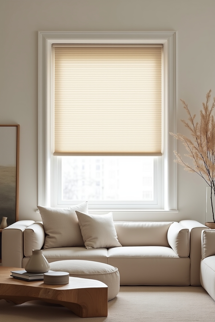 soft luxury sunroom ideas — pleated roller shades (half-drawn) featuring satin-filtering pleated roller shades