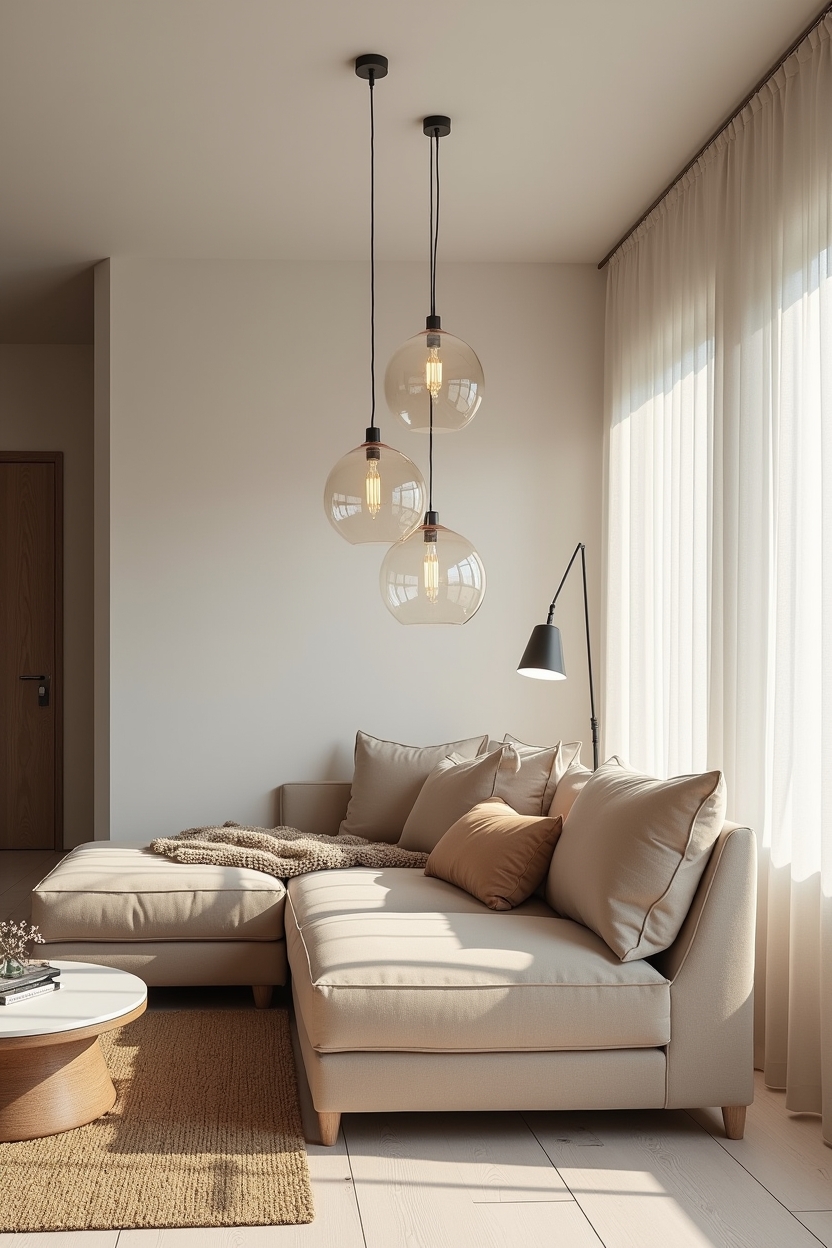 soft luxury sunroom ideas — trio of hand-blown bubble glass pendants featuring hand-blown glass pendant cluster