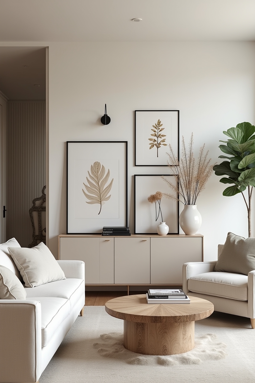 soft luxury sunroom ideas — botanical gallery wall in matte black frames featuring botanical gallery of pressed prints in matte frames