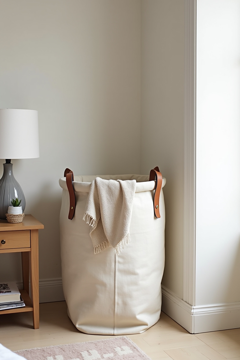 oversized linen laundry hamper with saddle leather straps home decor