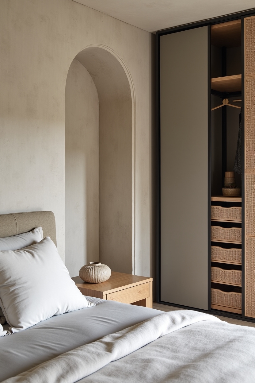 sculptural plaster wall niche with sliding oak panel home decor