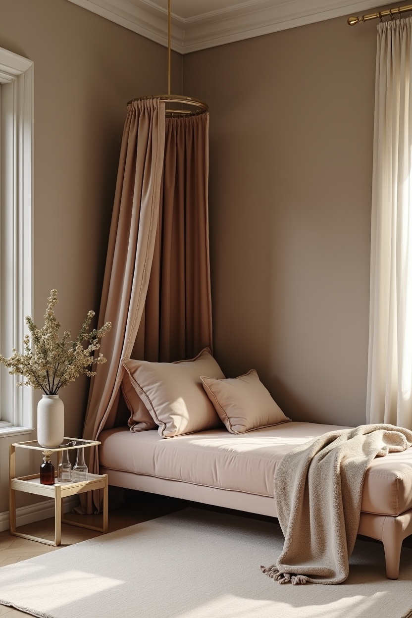velvet daybed corner vignette with slim brass canopy and styled minibar cart home decor