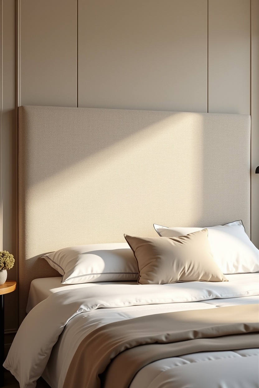 floor-to-ceiling cream bouclé curved headboard with slim brass rim home decor