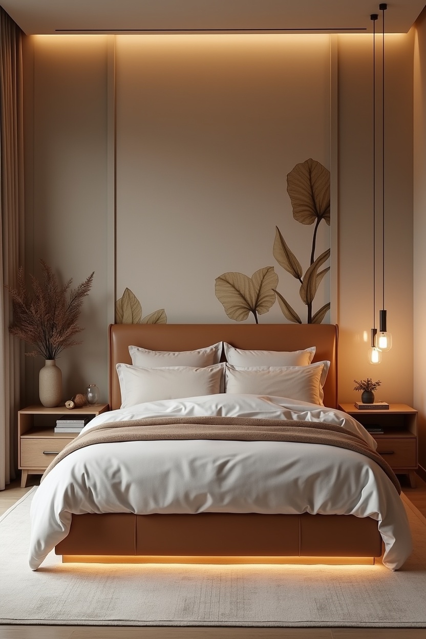 oversized matte botanical single-panel mural behind the bed home decor