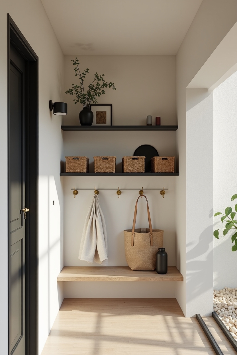 welcoming entryway storage ideas — matte black asymmetrical floating shelf featuring sculptural floating wall shelf
