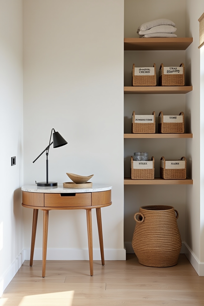 welcoming entryway storage ideas — rounded oak console table with tapered legs featuring curved oak console with hidden drawer