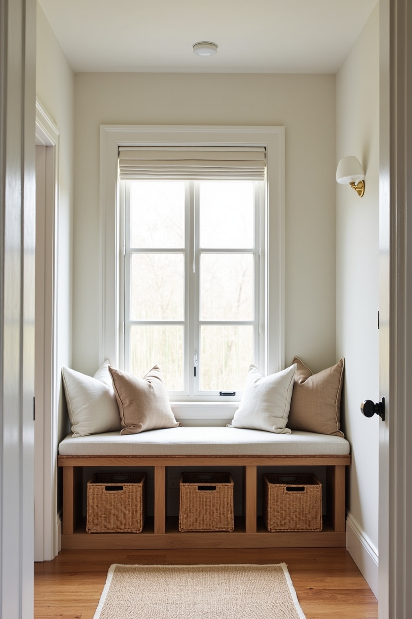 welcoming entryway storage ideas — rattan cubby bench with leather strap handles featuring woven storage bench with leather trim