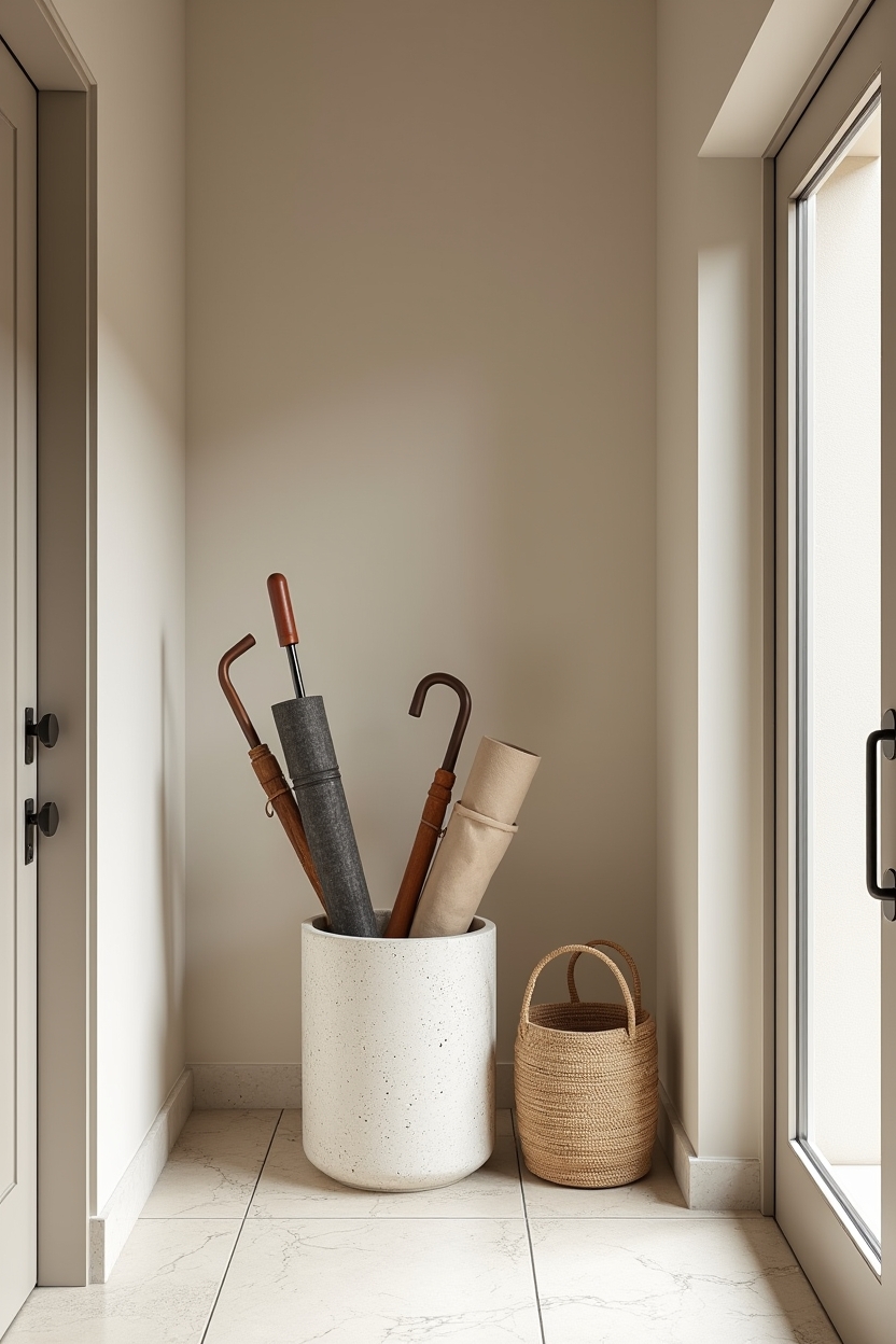 welcoming entryway storage ideas — oversized light-palette terrazzo cylinder umbrella stand featuring terrazzo umbrella stand as sculptural catch-all