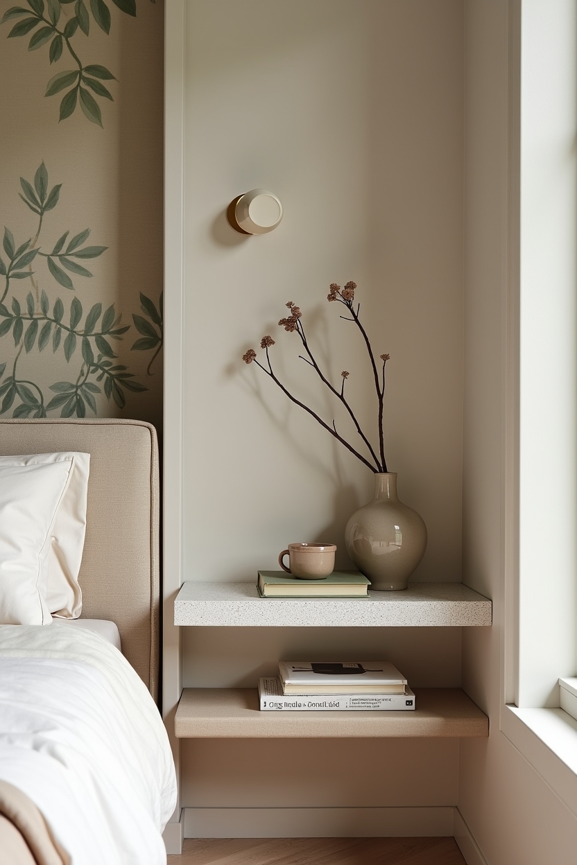 minimalist luxury guest room decor — terrazzo bedside shelf featuring wall-mounted terrazzo ledge vignette