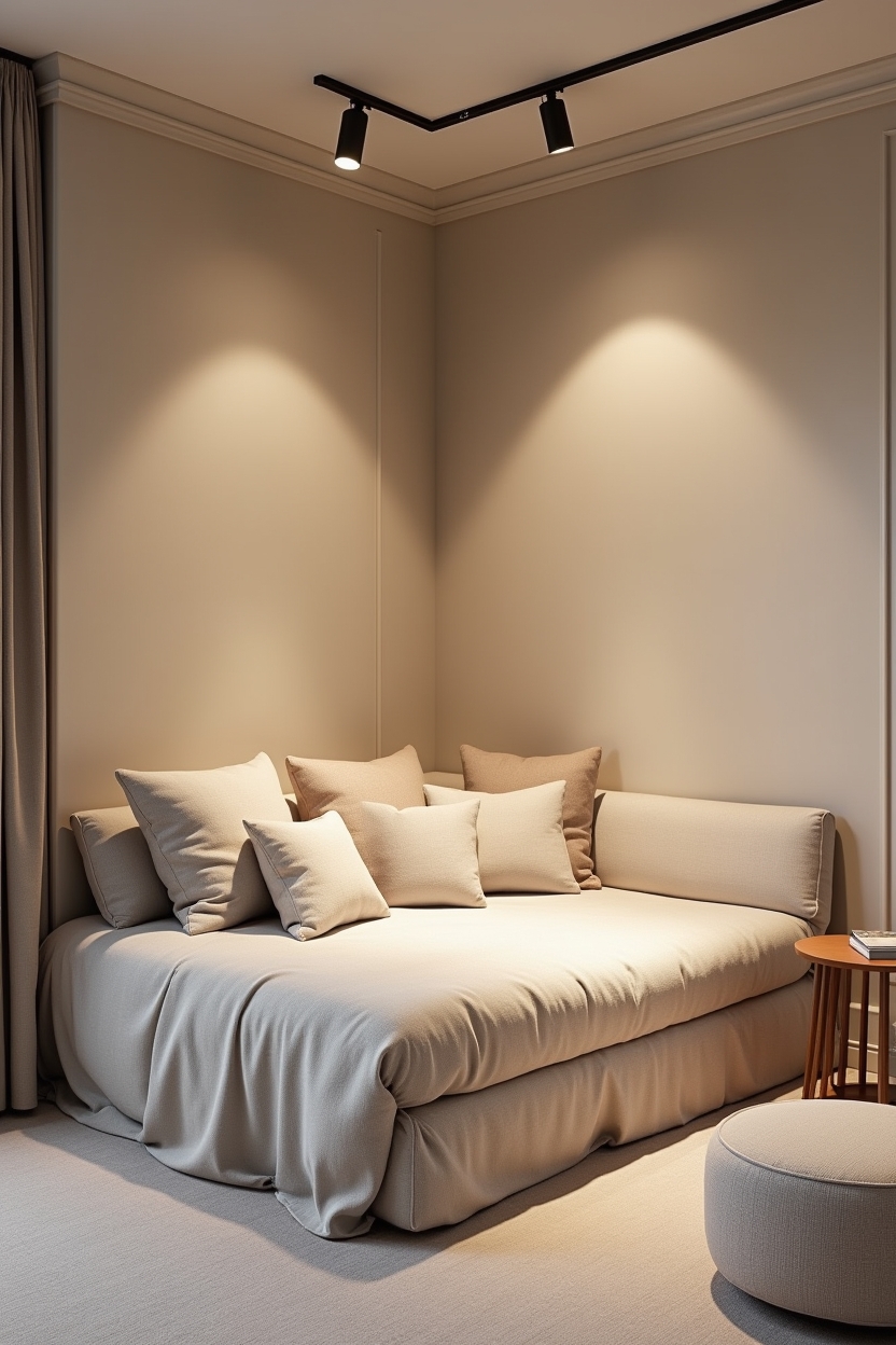 minimalist luxury guest room decor — fold-down linen daybed with crisp slipcovers featuring directional track lighting aimed at convertible linen daybed