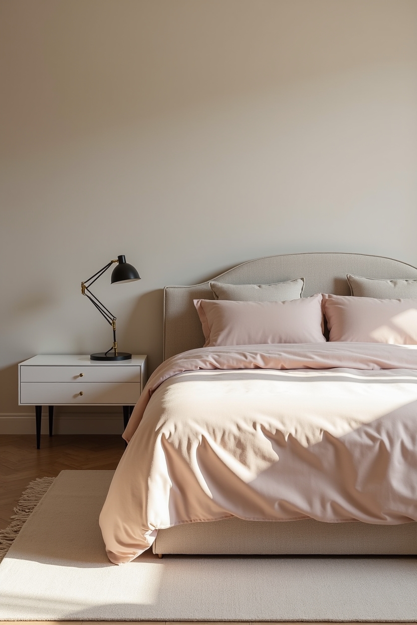 minimalist luxury guest room decor — silk-washed duvet (dusty rose or ecru) featuring silk-washed duvet on low-profile platform bed