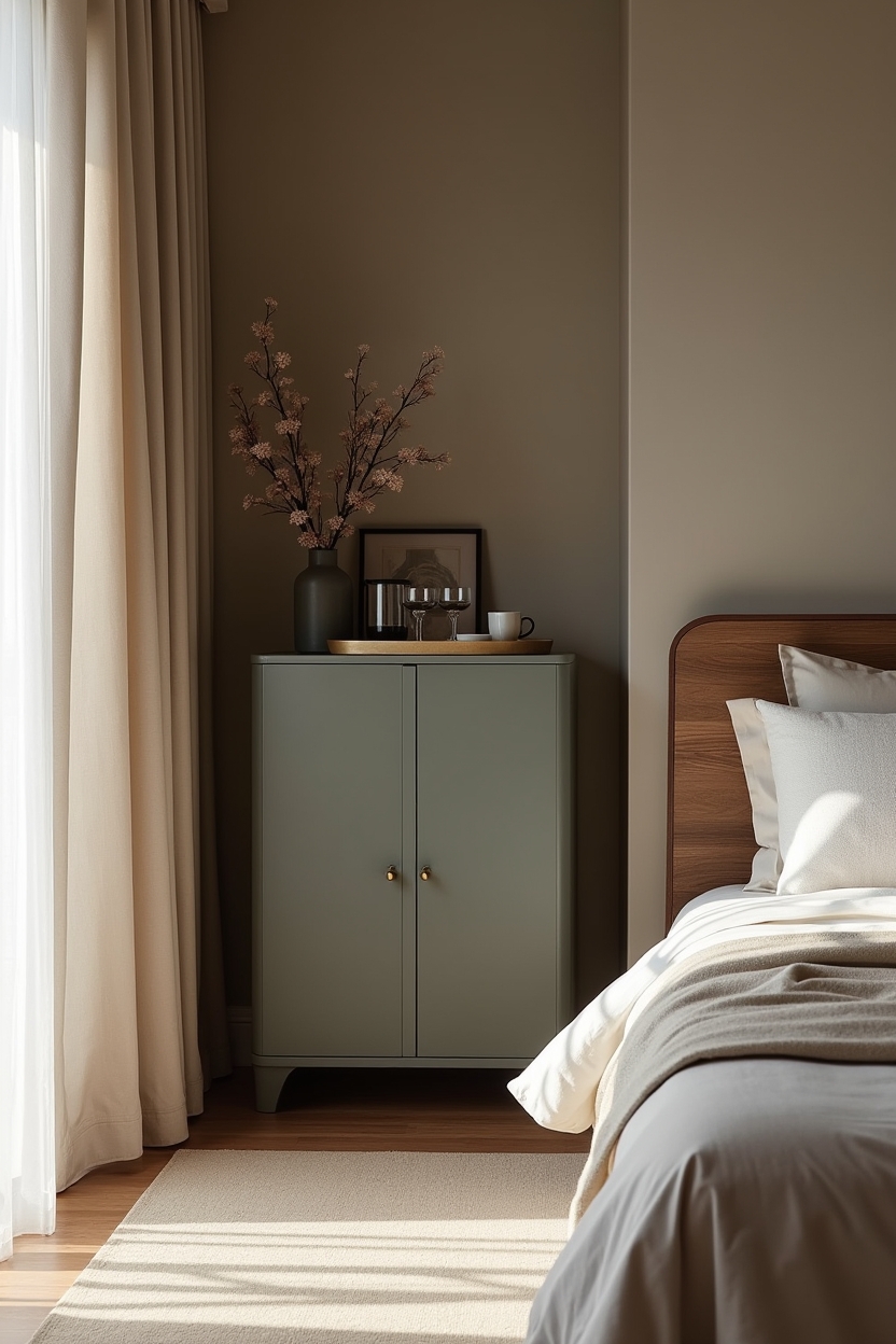 minimalist luxury guest room decor — matte-lacquered mini bar cabinet (sage or deep charcoal) featuring matte-lacquered mini bar cabinet with brass accents
