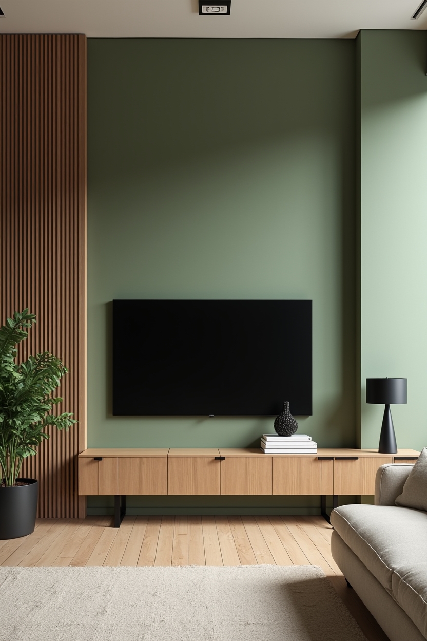 moss-green media wall with vertical bamboo slat insert home decor