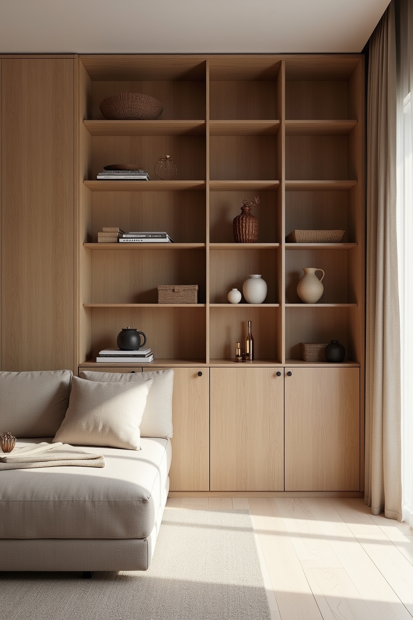 warm-grain floor-to-ceiling timber shelving run home decor