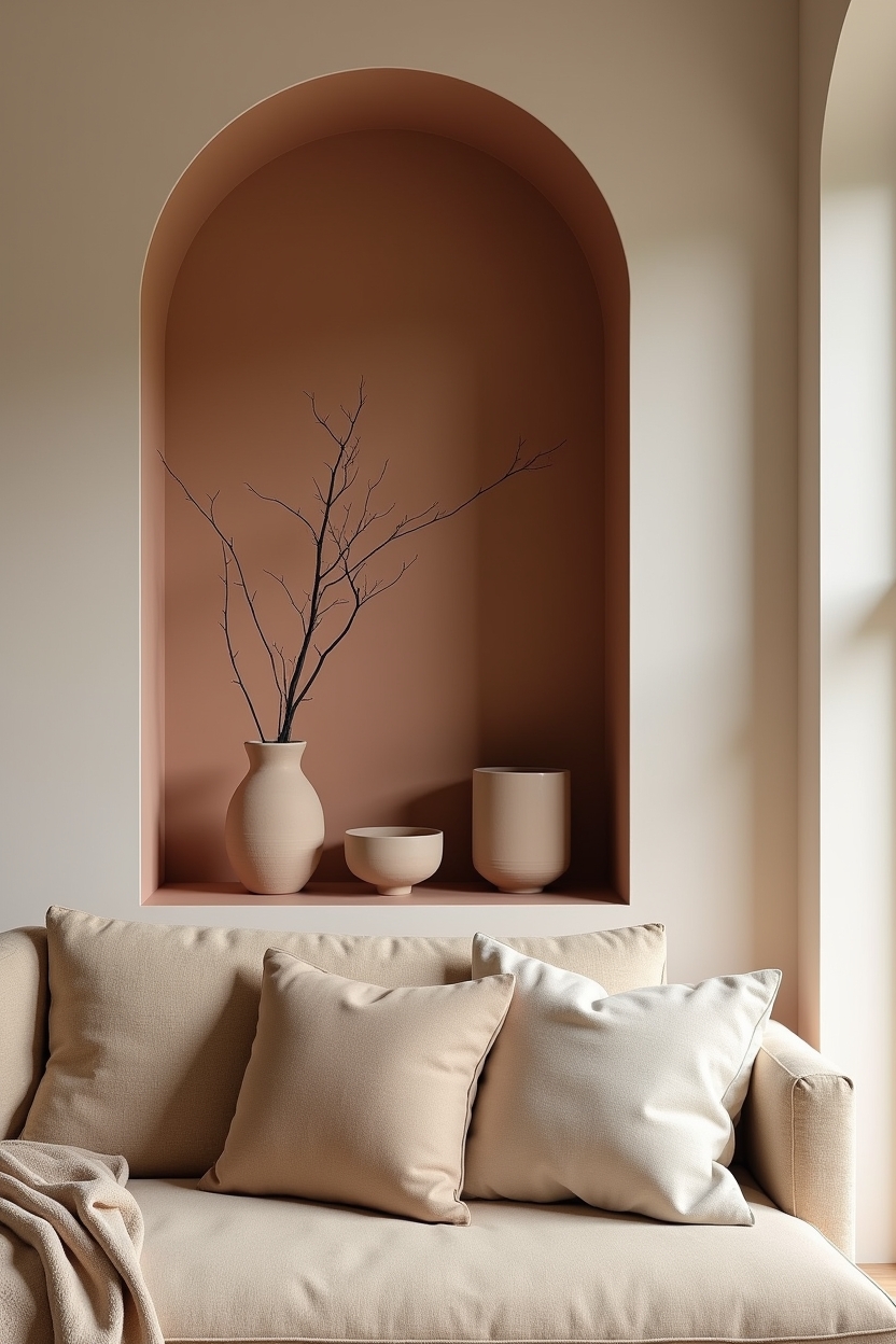 matte two-tone plaster alcove with built-in ceramic display home decor