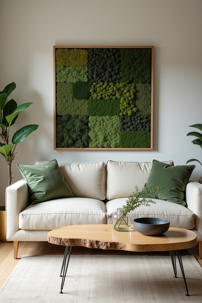 moss wall panel mounted flush behind a sofa as a living focal installation home decor