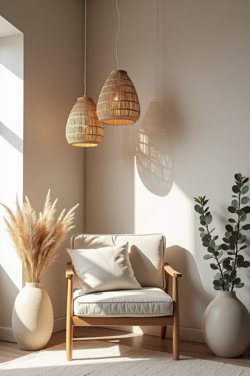 clustered woven rattan pendant lights at varying drop heights above a reading nook corner home decor