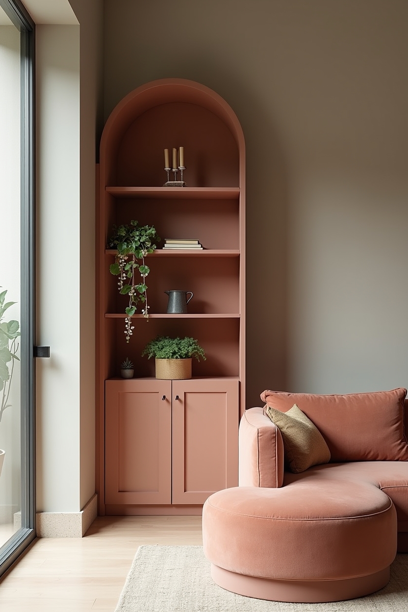 curved terracotta-toned modular shelf unit with trailing plants cascading at multiple heights home decor