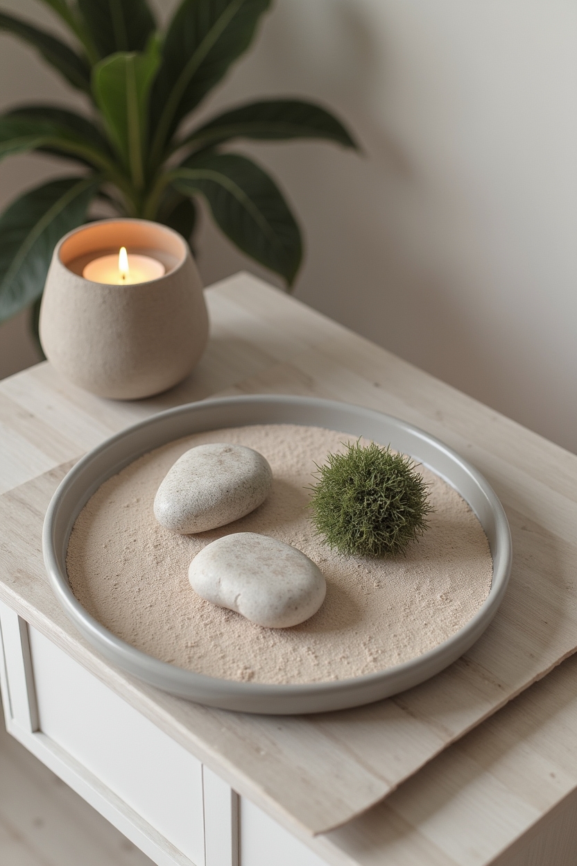 zen gravel tray vignette with polished river stones, a moss ball, and a low candle styled on a media console top home decor