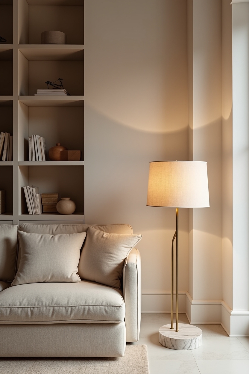 sculptural arched brass floor lamp with linen shade casting warm amber glow home decor
